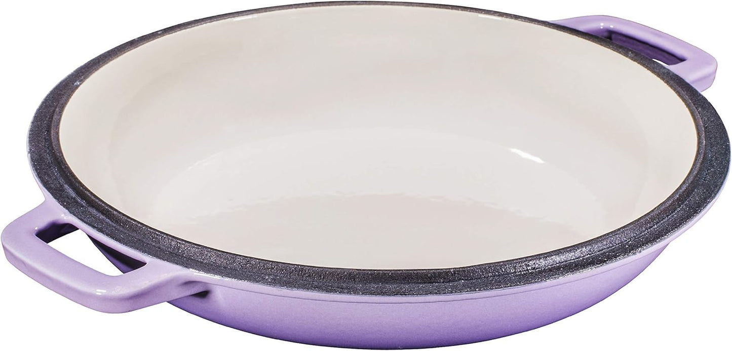 2-In-1 Enamel Cast Iron Dutch Oven with Handles - Crock Pot Purple Cast Iron Pot with Skillet Lid - All-In-One Cookware Braising Pan for Casserole Dish - 5 Quart, Purple