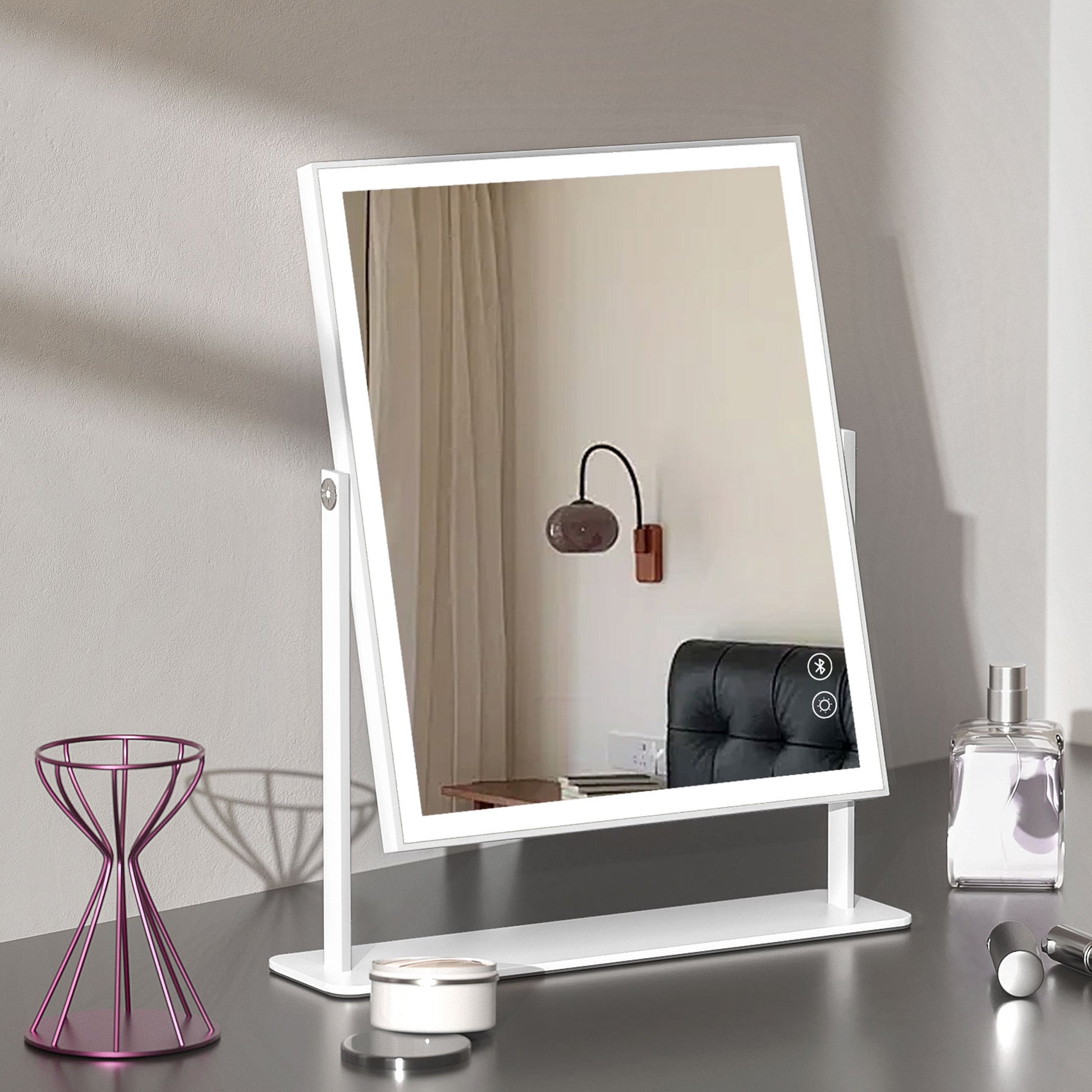 12''X14'' Vanity Makeup Mirror with Lights Bluetooth Metal Tabletop White