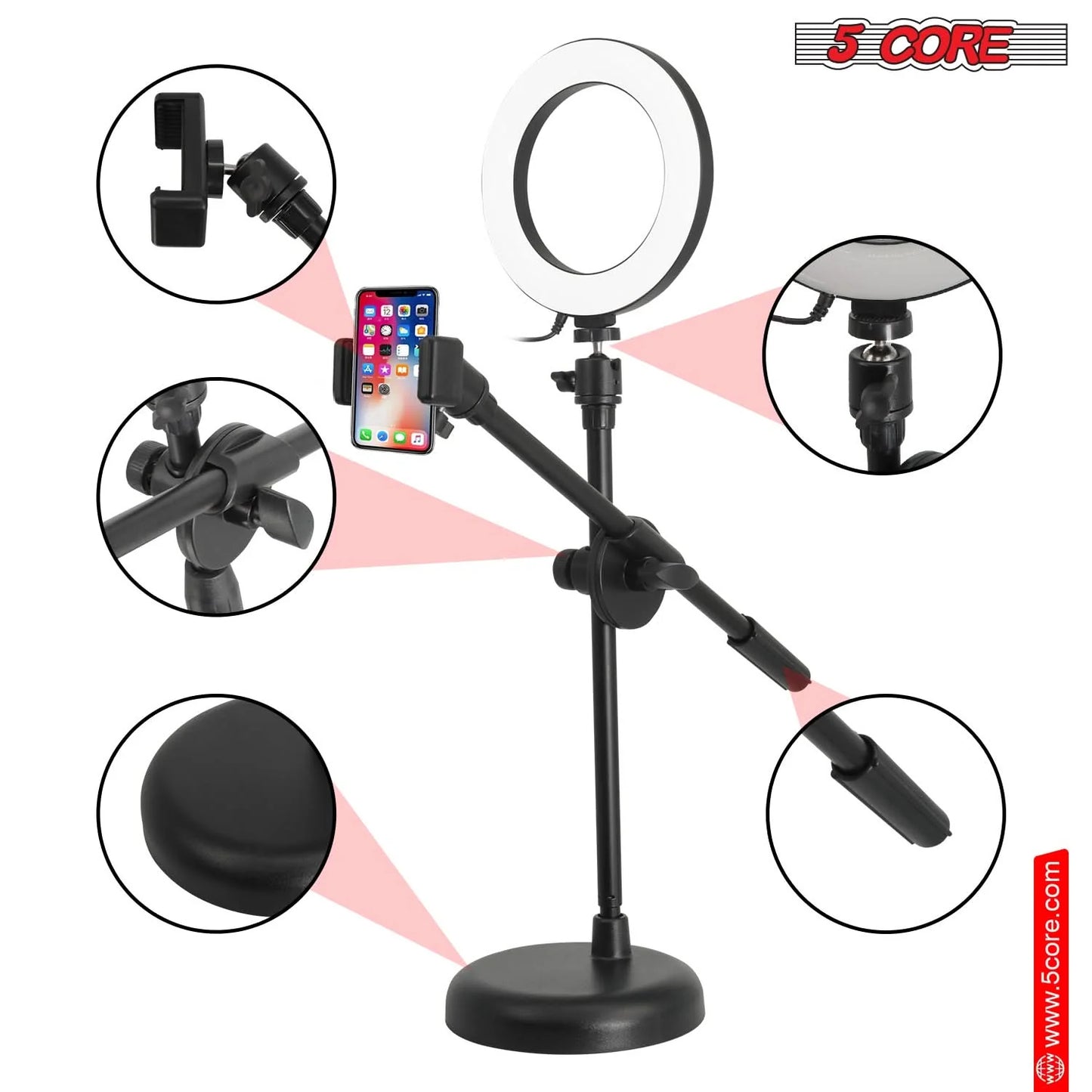 5Core 6 Inch Ring Light + Cell Phone Stand Adjustable Ringlight LED W Phone Holder