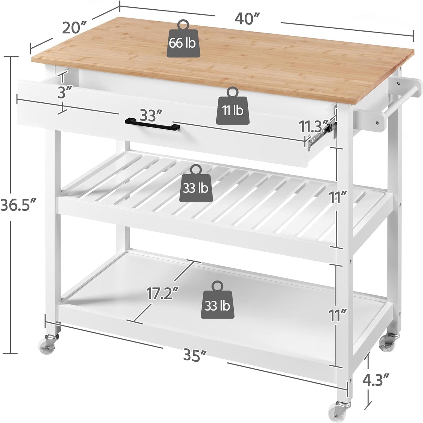 40" Width Kitchen Island Cart on Wheels, 3 Tiers Rolling Utility Cart with Solid Wood Top and Drawer & 2 Spacious Storage Shelf, Serving Trolley for Dining Room, White