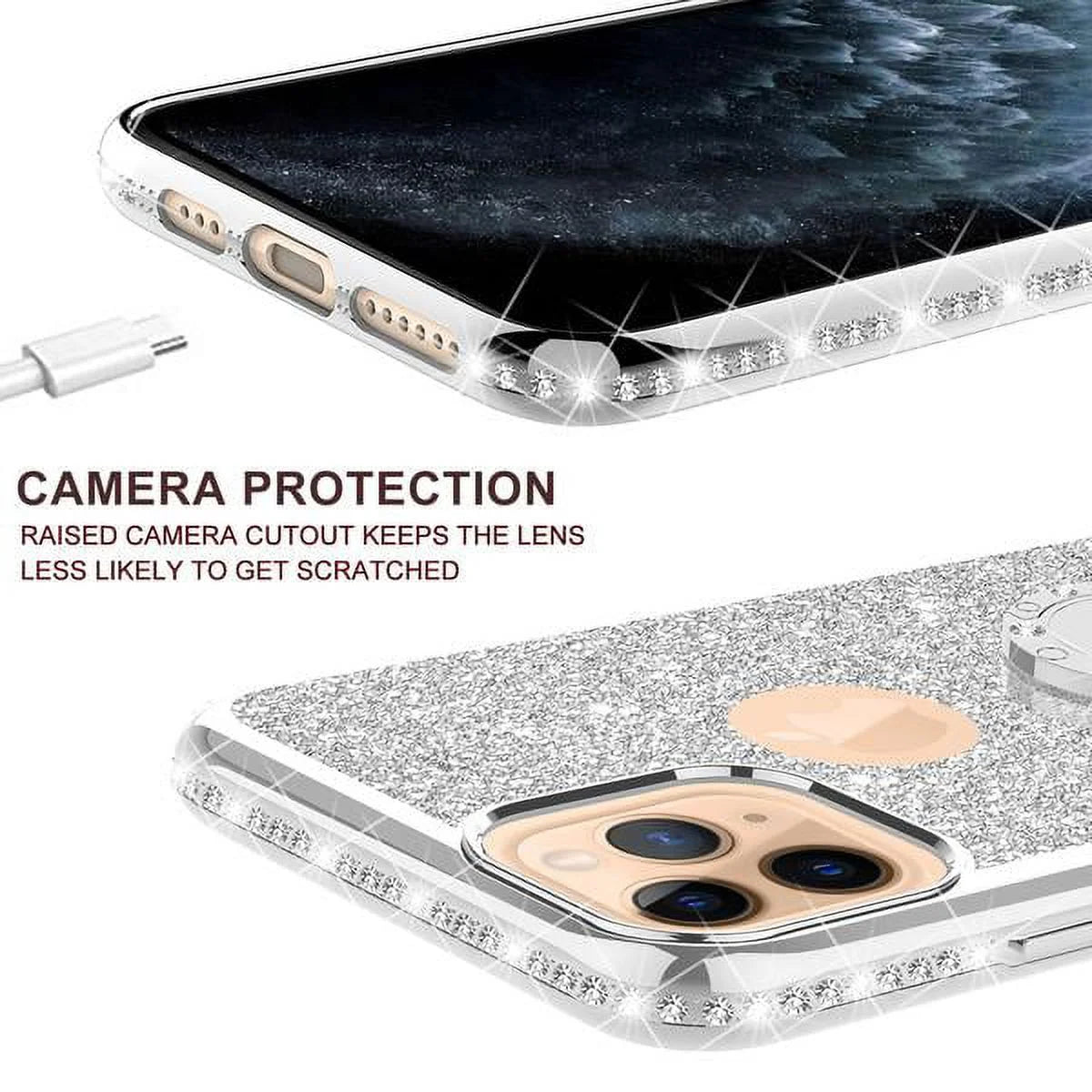 Apple Iphone 11 Pro Max Case Bling Rhinestone, Silver Clear Glitter Cute Phone Case Girls Ring Kickstand