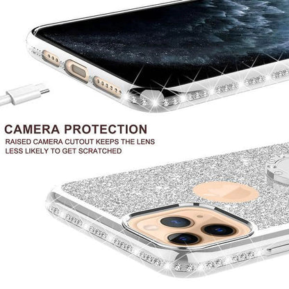 Apple Iphone 11 Pro Max Case Bling Rhinestone, Silver Clear Glitter Cute Phone Case Girls Ring Kickstand