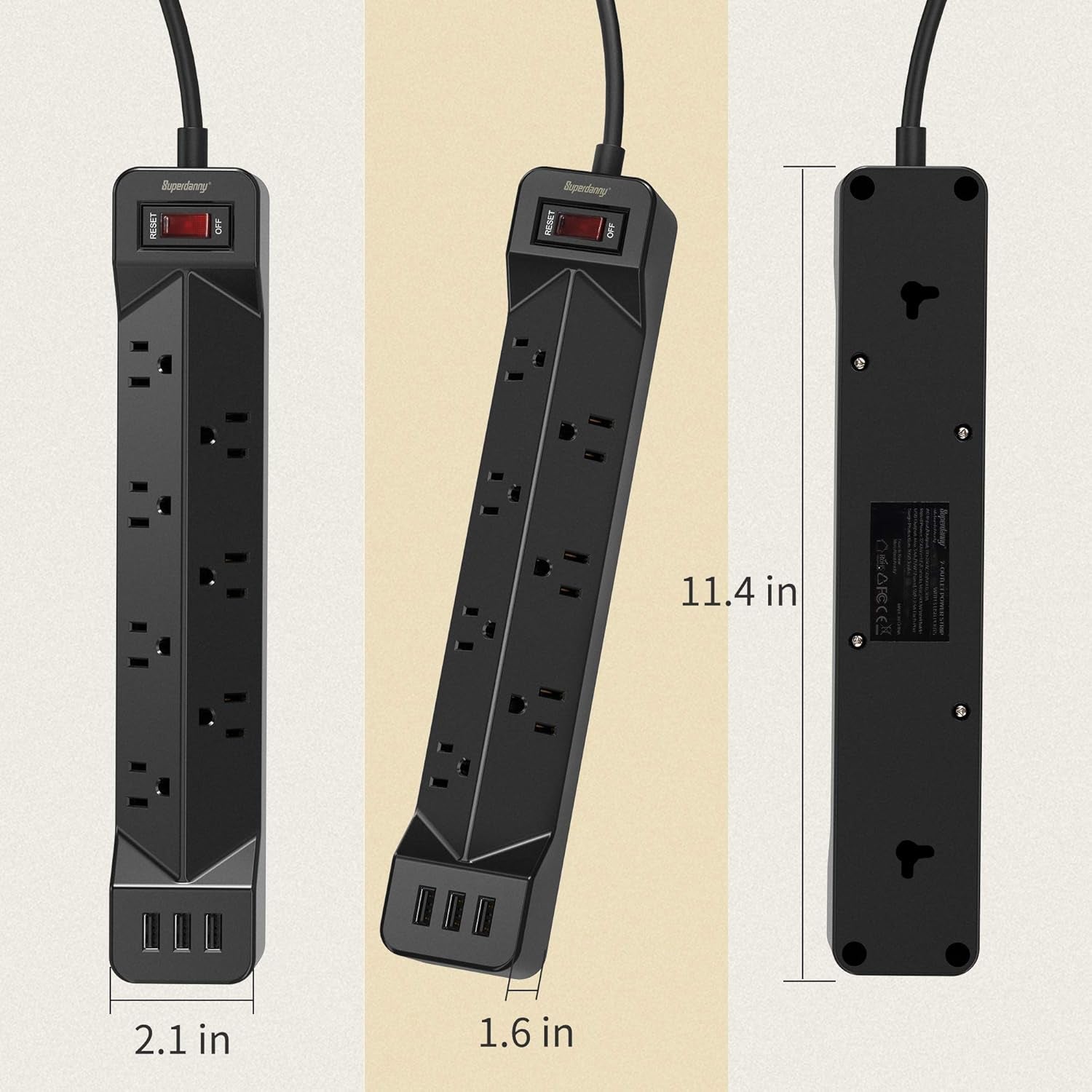 16.5FT Power Strip Surge Protector Flat Plug with USB,  7 Wide Spaced Outlets 3 USB Ports Mountable Extension Cord Charging Station, Overload Protection for Home Office Hotel Dorm, Black