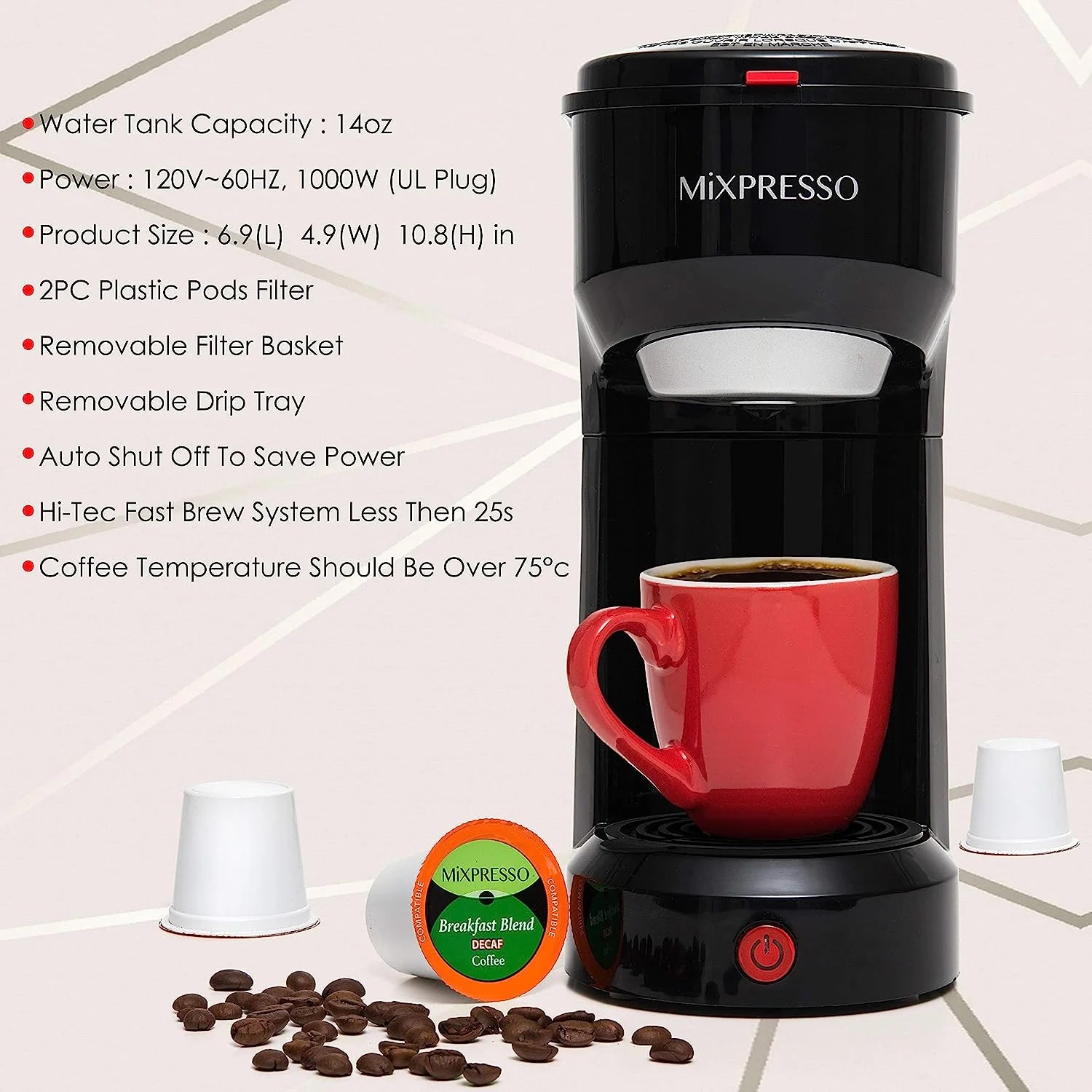 2 in 1 Single Serve Coffee Machine Mini Coffee Maker Compact K Cup Compatible, Black 14 Oz