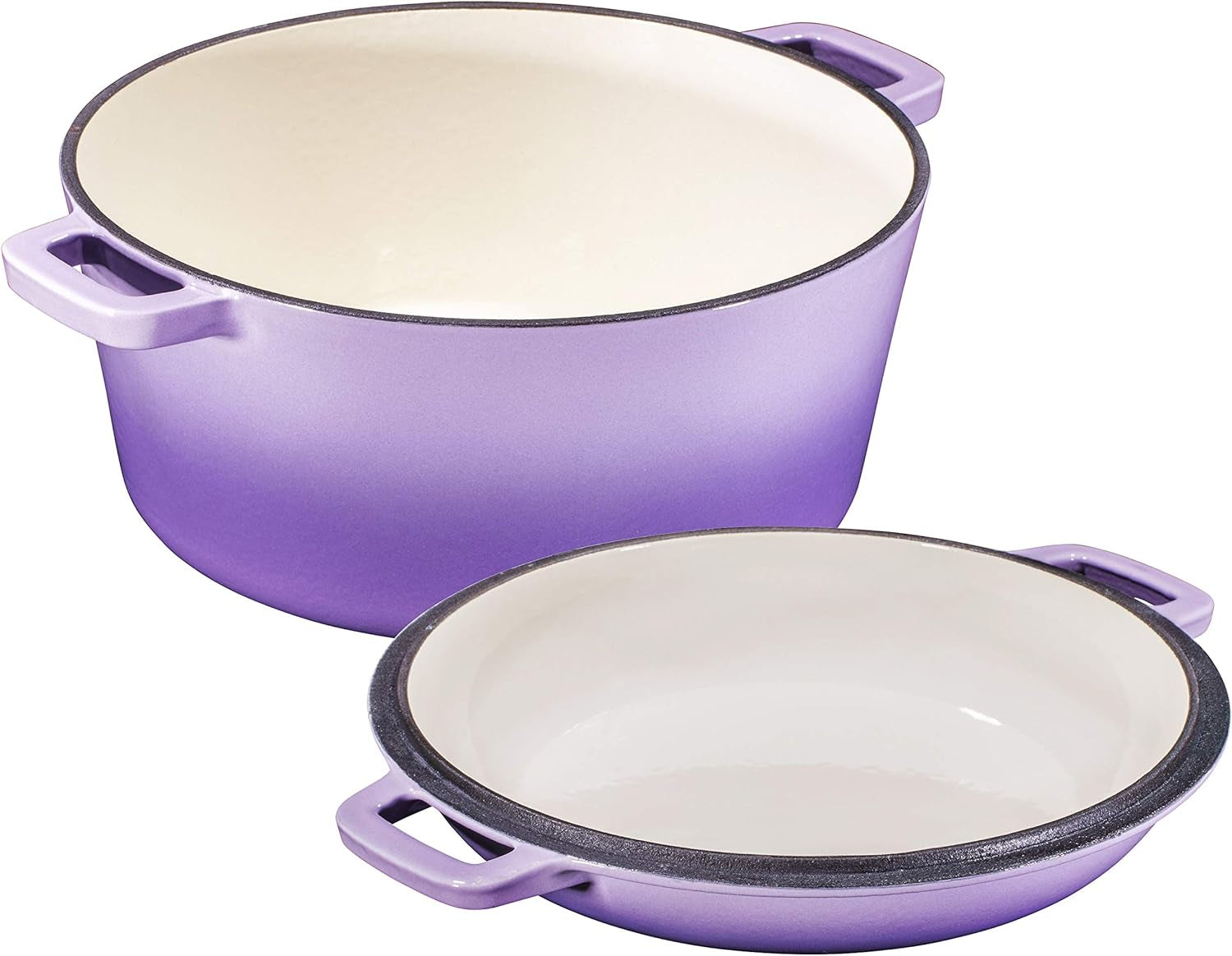 2-In-1 Enamel Cast Iron Dutch Oven with Handles - Crock Pot Purple Cast Iron Pot with Skillet Lid - All-In-One Cookware Braising Pan for Casserole Dish - 5 Quart, Purple