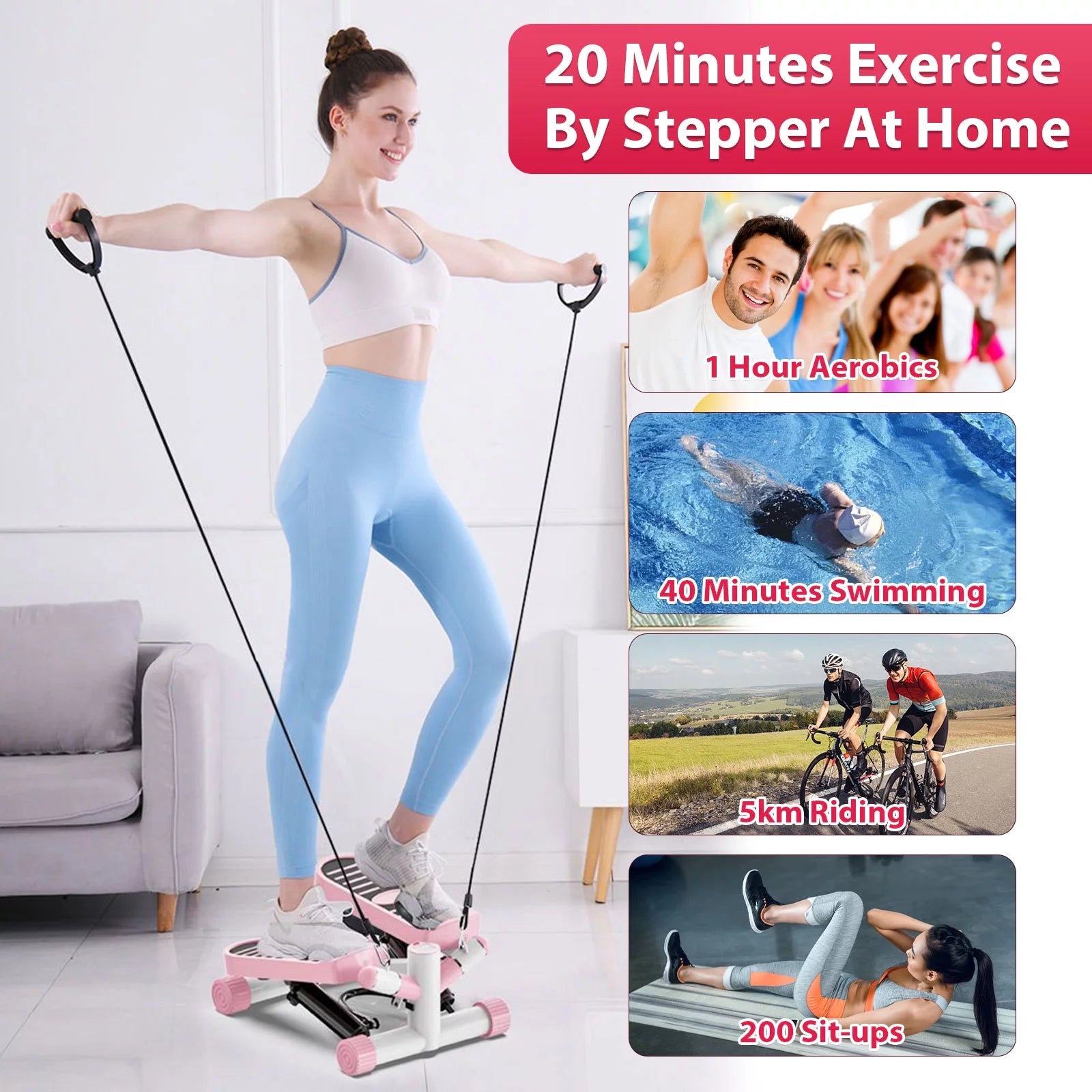 Exercise Stepping Fitness Machine Portable Mini Stair Stepper Pink with Resistance Band