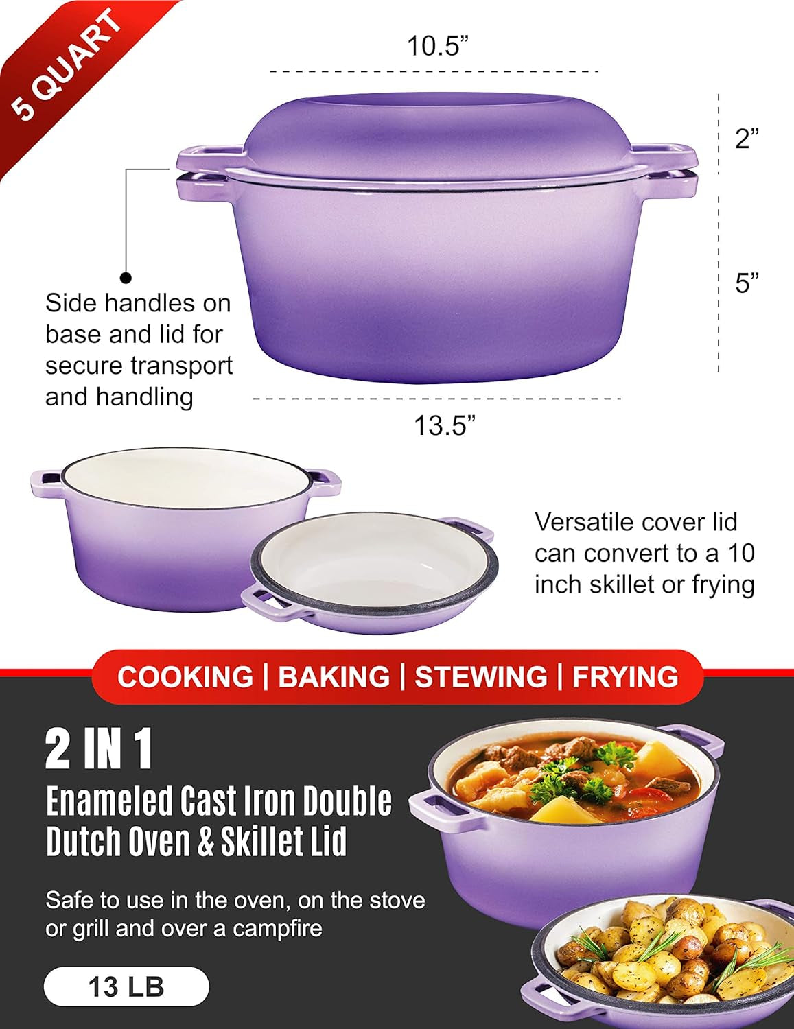 2-In-1 Enamel Cast Iron Dutch Oven with Handles - Crock Pot Purple Cast Iron Pot with Skillet Lid - All-In-One Cookware Braising Pan for Casserole Dish - 5 Quart, Purple