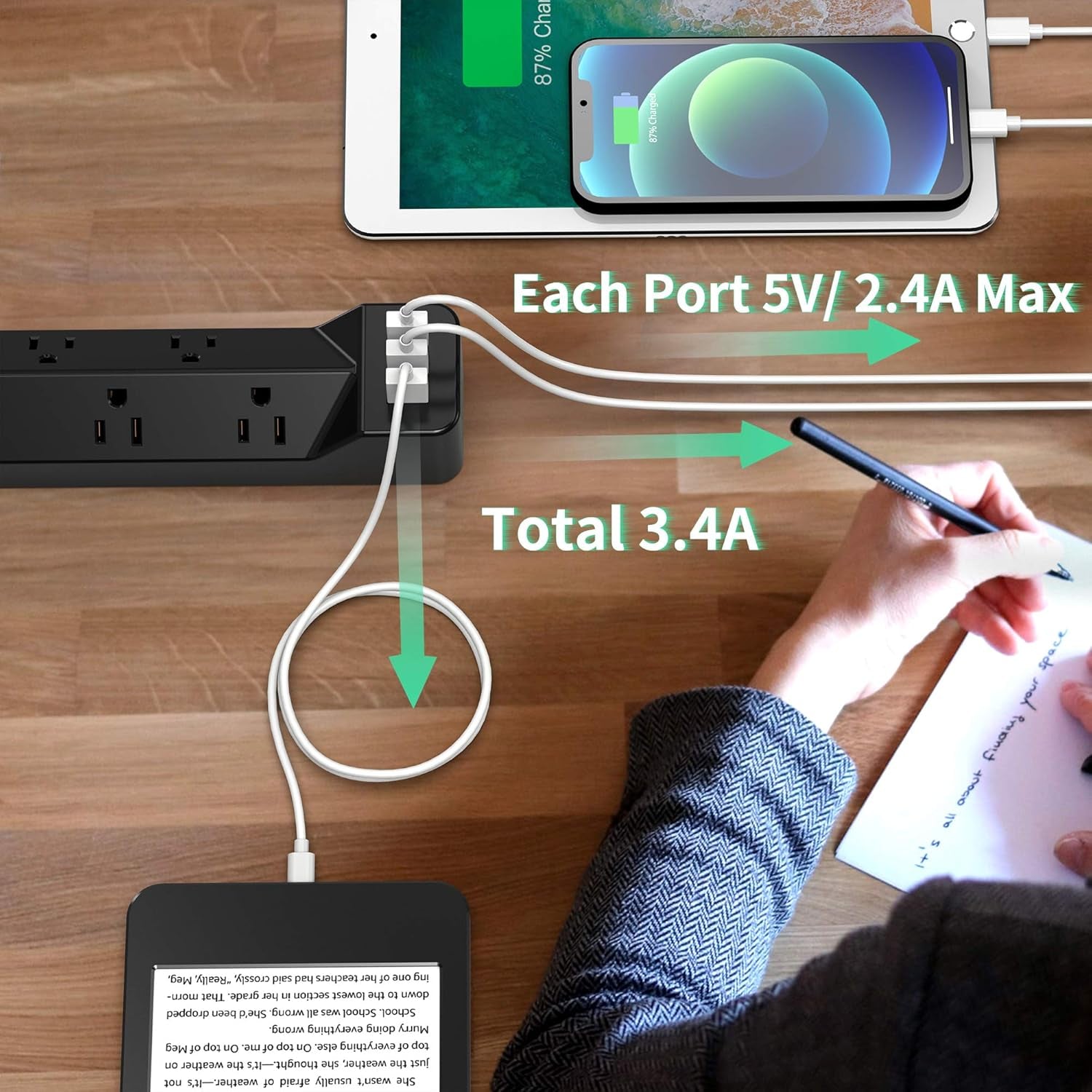 16.5FT Power Strip Surge Protector Flat Plug with USB,  7 Wide Spaced Outlets 3 USB Ports Mountable Extension Cord Charging Station, Overload Protection for Home Office Hotel Dorm, Black