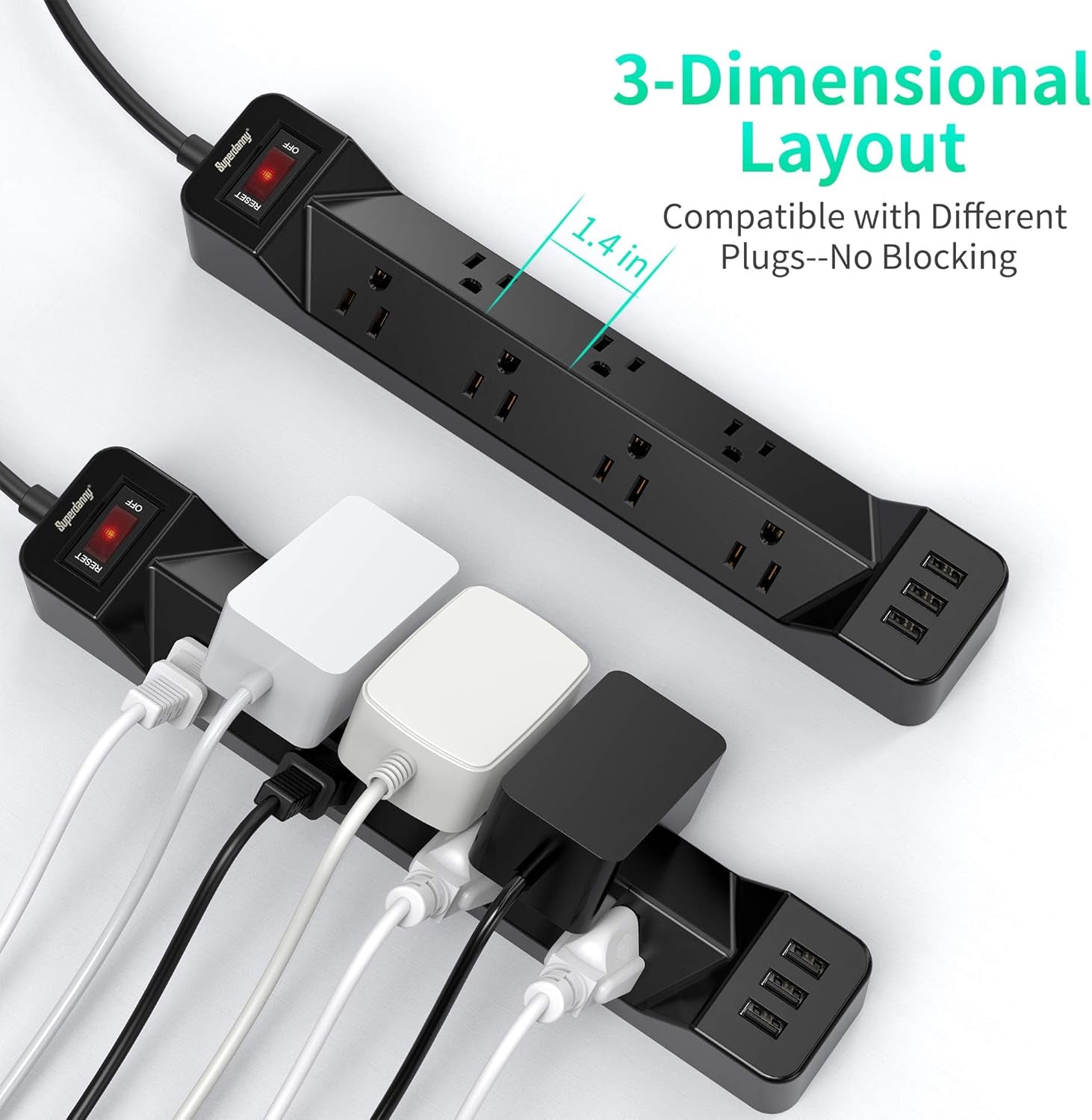 16.5FT Power Strip Surge Protector Flat Plug with USB,  7 Wide Spaced Outlets 3 USB Ports Mountable Extension Cord Charging Station, Overload Protection for Home Office Hotel Dorm, Black