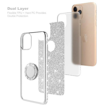 Apple Iphone 11 Pro Max Case Bling Rhinestone, Silver Clear Glitter Cute Phone Case Girls Ring Kickstand