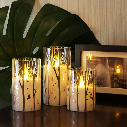 Birch Design Glass Battery Operated LED Candles with Timer, Flameless Pillar Candles Spring & Summer Decor- Include 6 Batteries