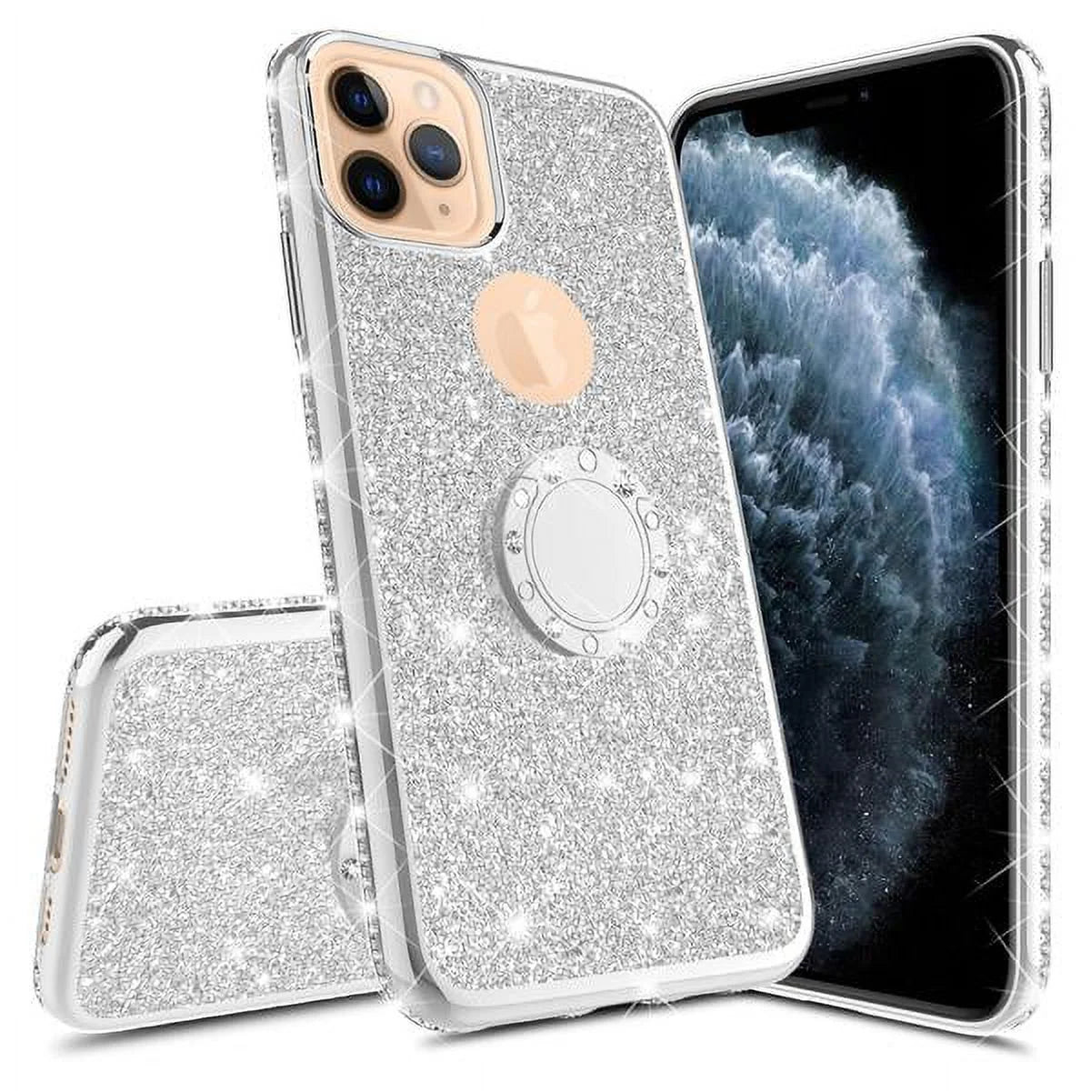 Apple Iphone 11 Pro Max Case Bling Rhinestone, Silver Clear Glitter Cute Phone Case Girls Ring Kickstand