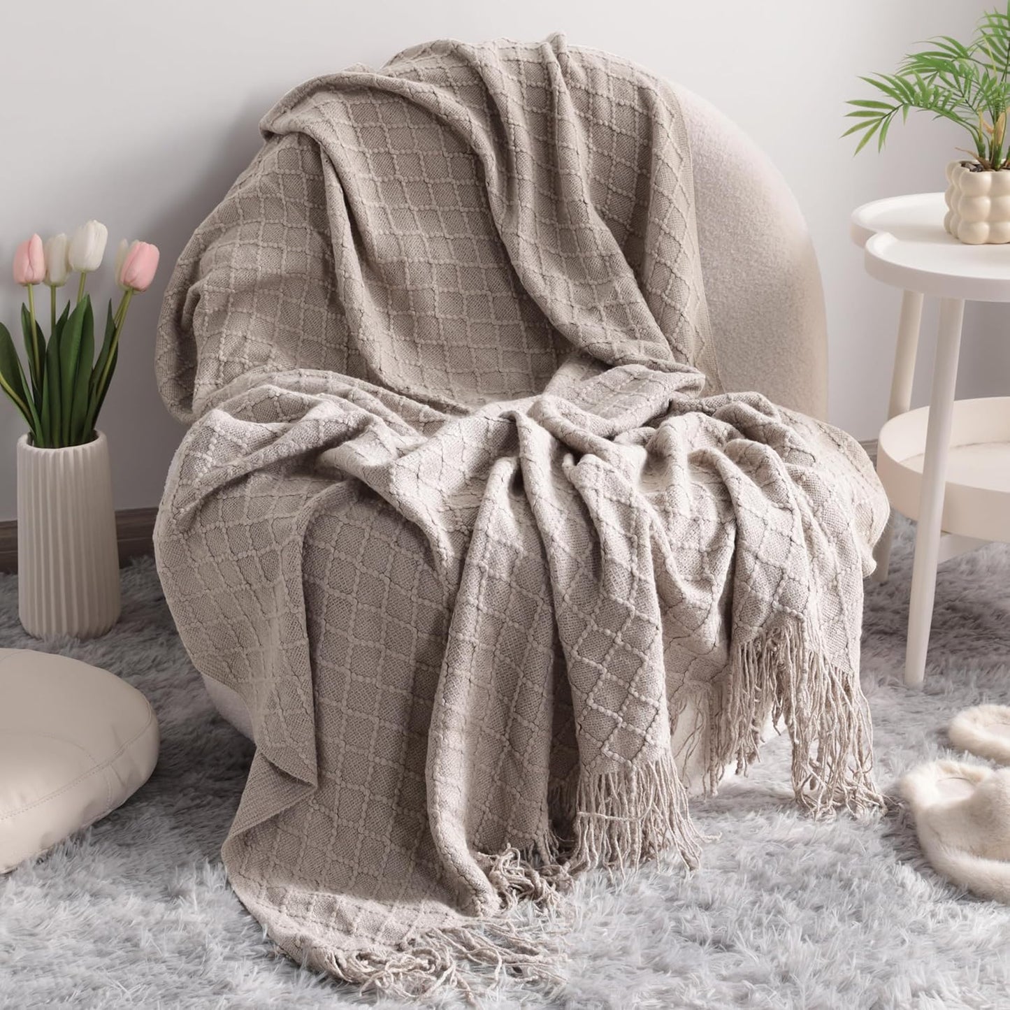 Acrylic Knitted Throw Blanket, Lightweight and Soft Cozy Decorative Woven Blanket with Tassels for Travel, Couch, Bed, Sofa, 51X67 Inches, Taupe Checkered