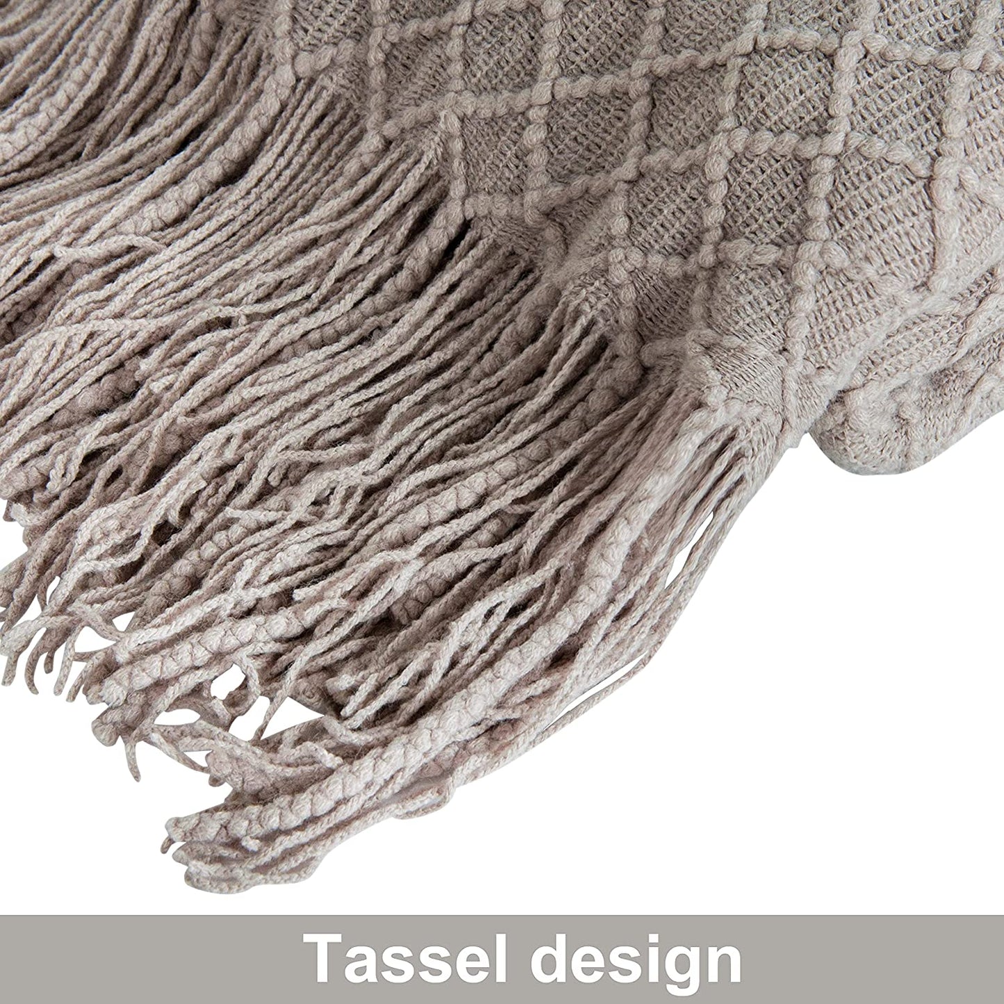 Acrylic Knitted Throw Blanket, Lightweight and Soft Cozy Decorative Woven Blanket with Tassels for Travel, Couch, Bed, Sofa, 51X67 Inches, Taupe Checkered