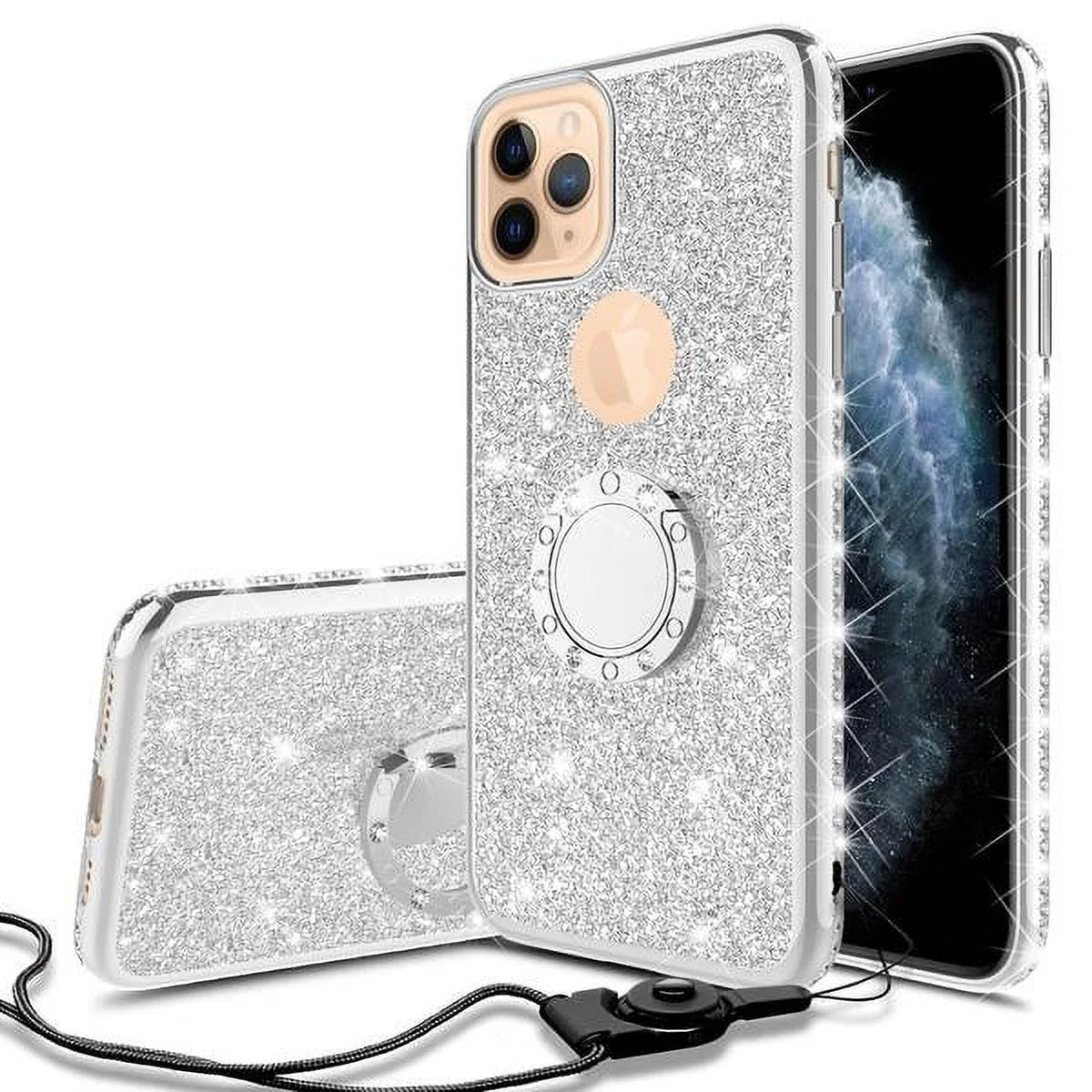 Apple Iphone 11 Pro Max Case Bling Rhinestone, Silver Clear Glitter Cute Phone Case Girls Ring Kickstand