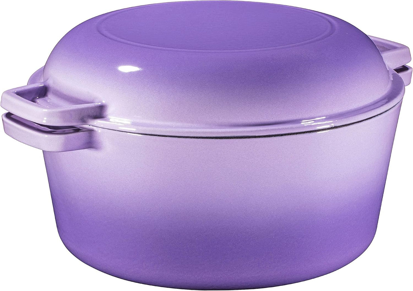 2-In-1 Enamel Cast Iron Dutch Oven with Handles - Crock Pot Purple Cast Iron Pot with Skillet Lid - All-In-One Cookware Braising Pan for Casserole Dish - 5 Quart, Purple