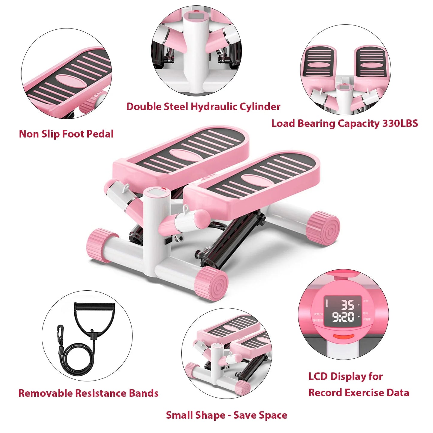 Exercise Stepping Fitness Machine Portable Mini Stair Stepper Pink with Resistance Band