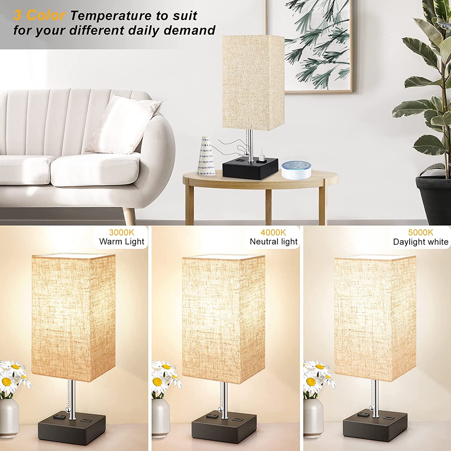 3 Color Temperature Oatmeal Table Lamp with USB Port and AC Outlet Bedside Lamps for Bedroom Nightstand Lamps Bed Small Desk Lamps for Office