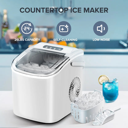 26 Lbs/24H Countertop Ice Maker Machine, 9 Bullet-Shaped Ice in 6 Min, Auto-Cleaning, White