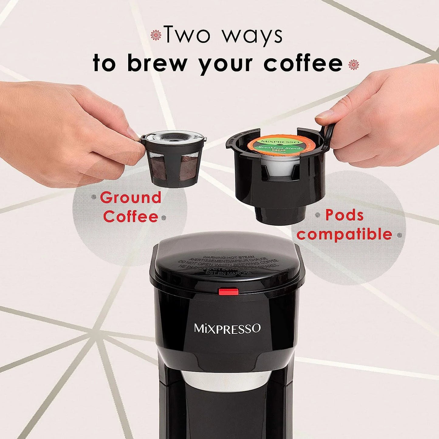 2 in 1 Single Serve Coffee Machine Mini Coffee Maker Compact K Cup Compatible, Black 14 Oz