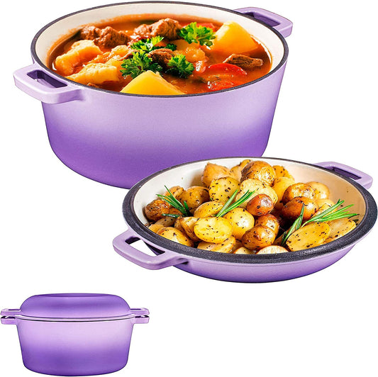 2-In-1 Enamel Cast Iron Dutch Oven with Handles - Crock Pot Purple Cast Iron Pot with Skillet Lid - All-In-One Cookware Braising Pan for Casserole Dish - 5 Quart, Purple